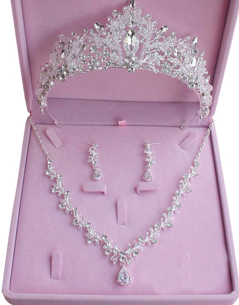 EverLove Bride Headdress Jewelry Wedding Necklace Earrings Set Crystal Crown Tiara A - Image 2